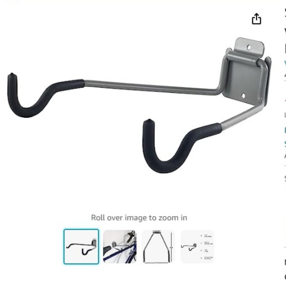 Bike Wall Mount With Foam Padded Bicycle Hooks - 50lb Capacity - NEW